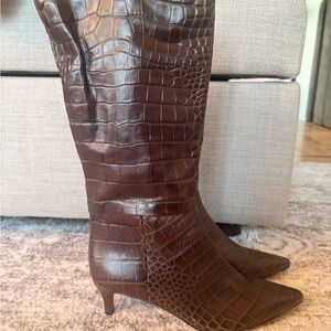 Joie Leather Ankle Boots Women’s 6.5 Croc Embossed Brown Pointed Toe